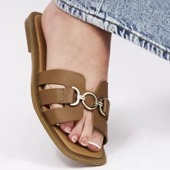 new OFFICE Salvador Gold Trim Slides Tan Leather Upper and LINING! 2T7 - Picture 2 of 6